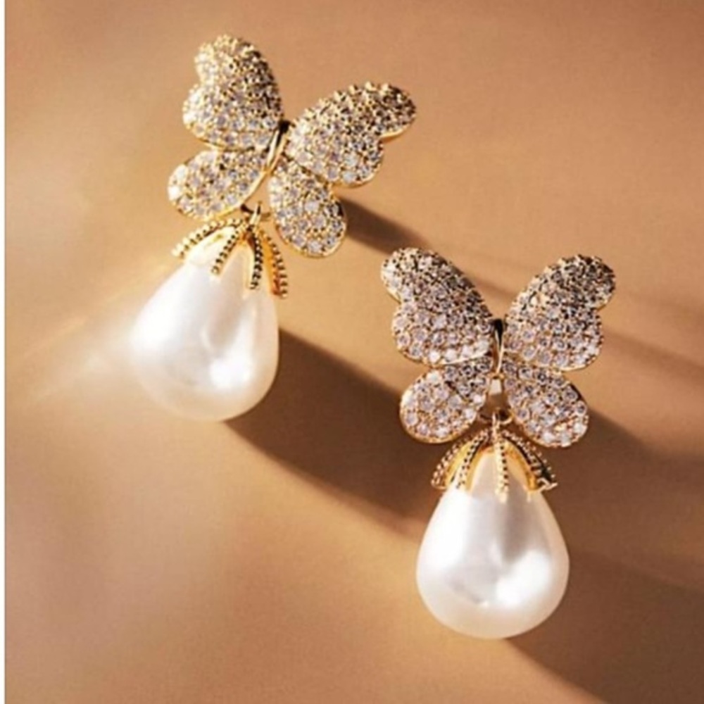 Anthropologie pearl butterfly dangle gold